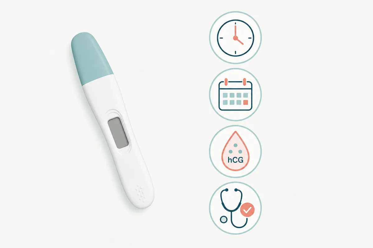 Calm editorial diagram showing a digital pregnancy test with timing, calendar, hCG, and clinician confirmation icons