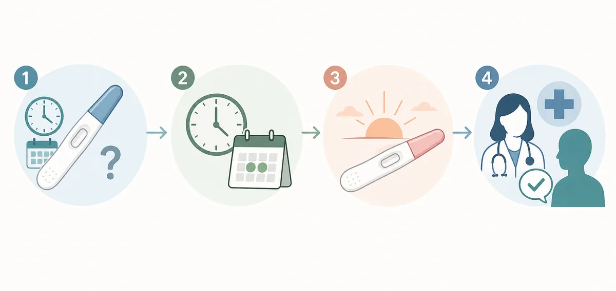 Editorial timeline showing early testing, waiting, retesting, and clinician confirmation for digital pregnancy test results