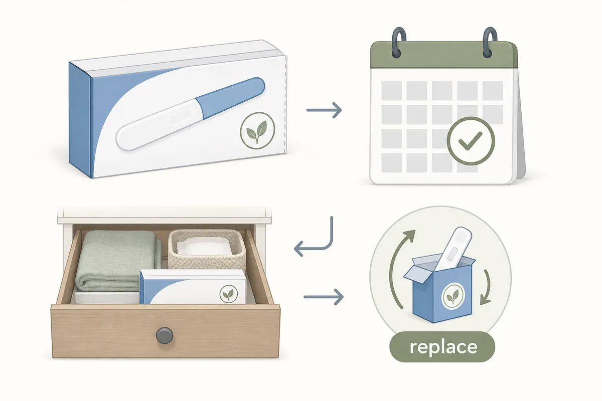 Editorial diagram showing a pregnancy test box, calendar, storage drawer, and replacement reminder