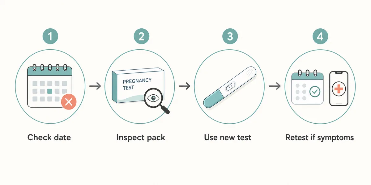 Four-step editorial flow for checking a date, inspecting packaging, using a new test, and retesting if symptoms continue