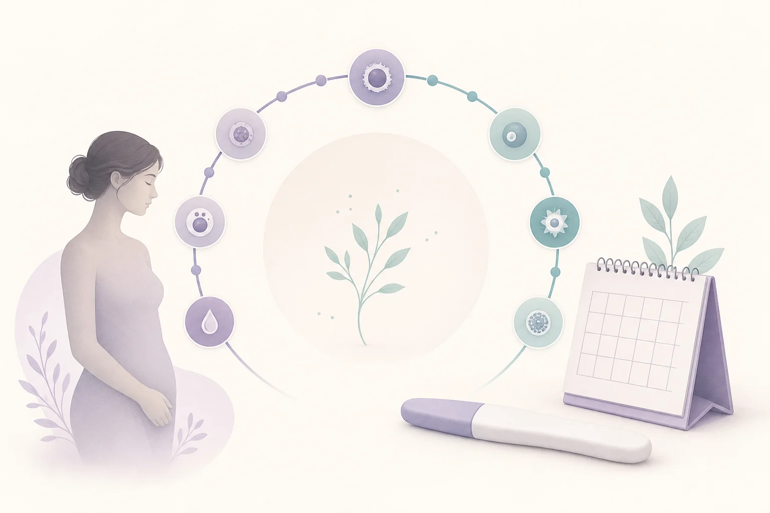 Calm editorial illustration of a pregnancy symptom timeline with a calendar and an abstract home pregnancy test