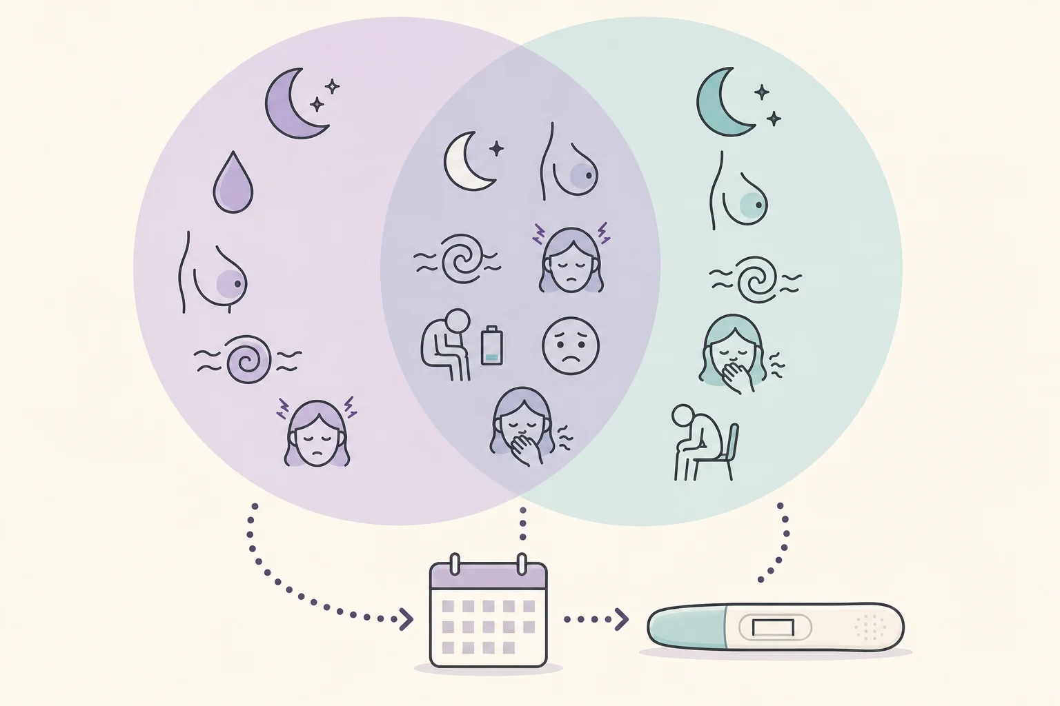 Editorial diagram showing overlap between PMS and early pregnancy symptoms with a testing next step