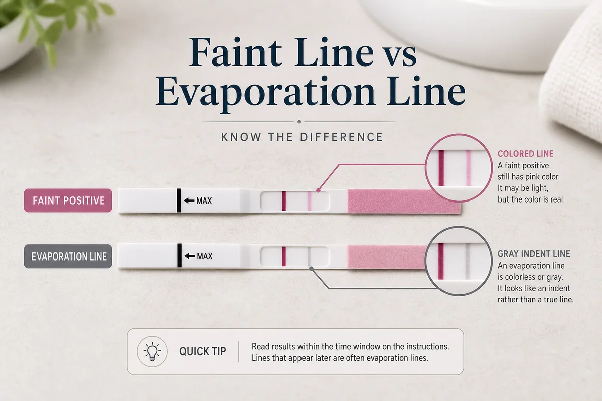 Side-by-side pregnancy test example comparing a colored faint positive line with a gray evaporation line