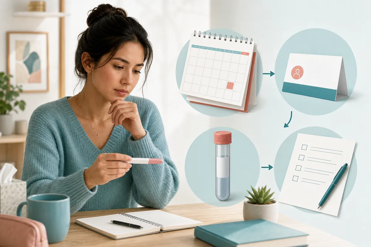 Calendar, appointment card, checklist, and lab sample showing confirmation steps after a possible false positive pregnancy test