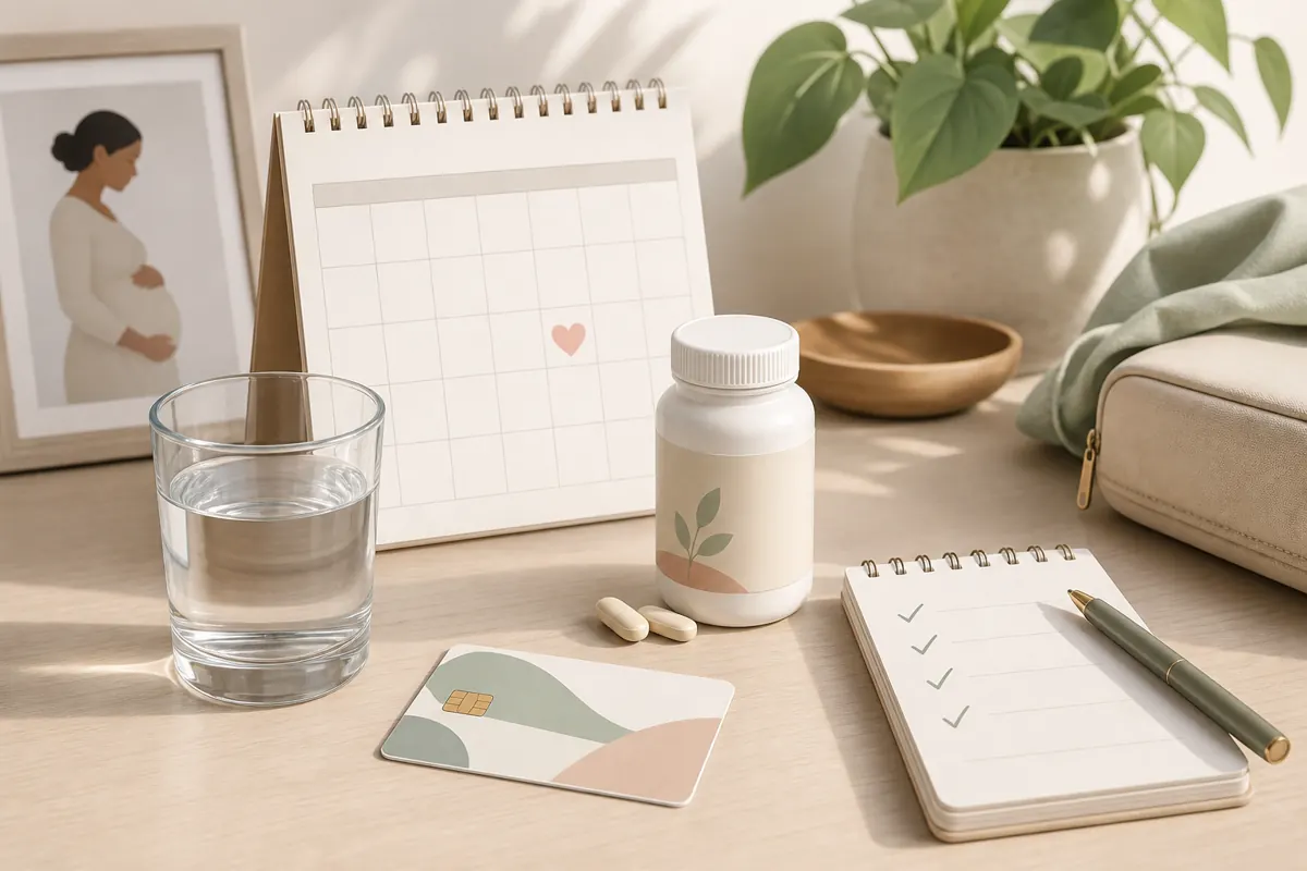 Calendar, water, prenatal vitamin bottle, insurance card, and checklist for first prenatal appointment preparation