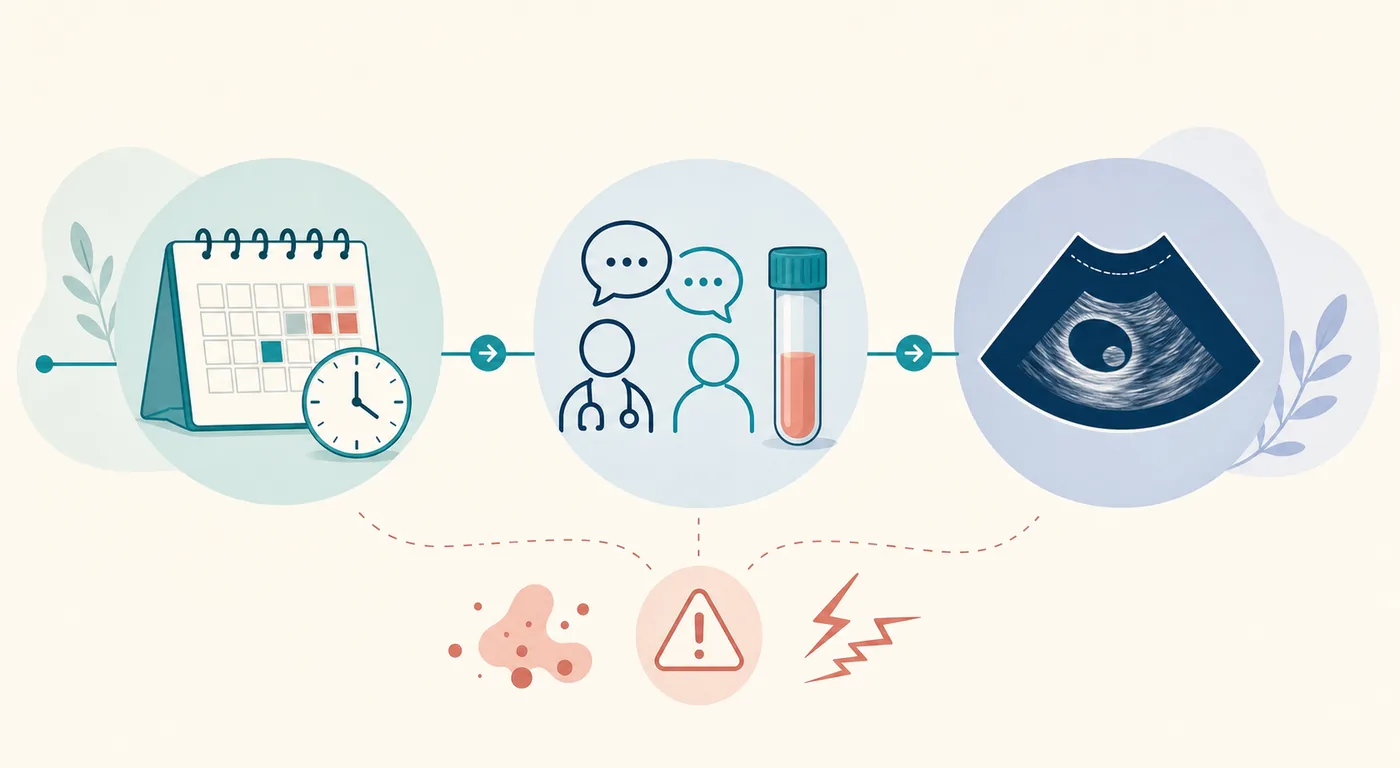 Editorial pathway from checking timing to clinician review, laboratory testing and ultrasound when appropriate