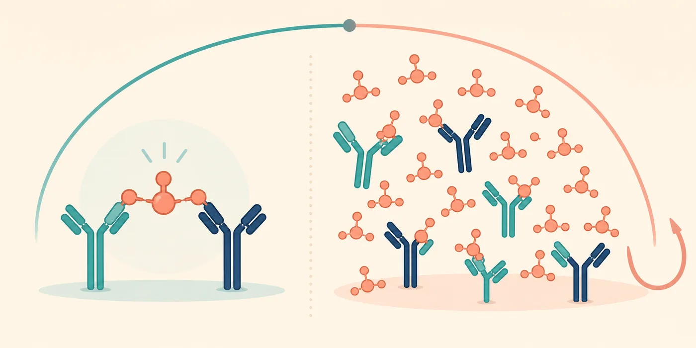 Editorial diagram comparing normal hCG antibody sandwich formation with excess hCG saturation in the hook effect