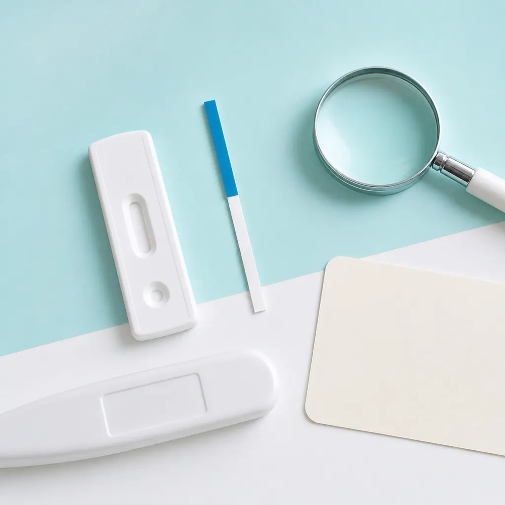 Unbranded blank cassette, strip, and digital-style pregnancy test formats beside a magnifying glass