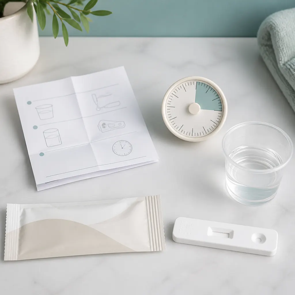 Neutral home pregnancy test setup with an instruction leaflet, timer, sample cup, and blank test cassette