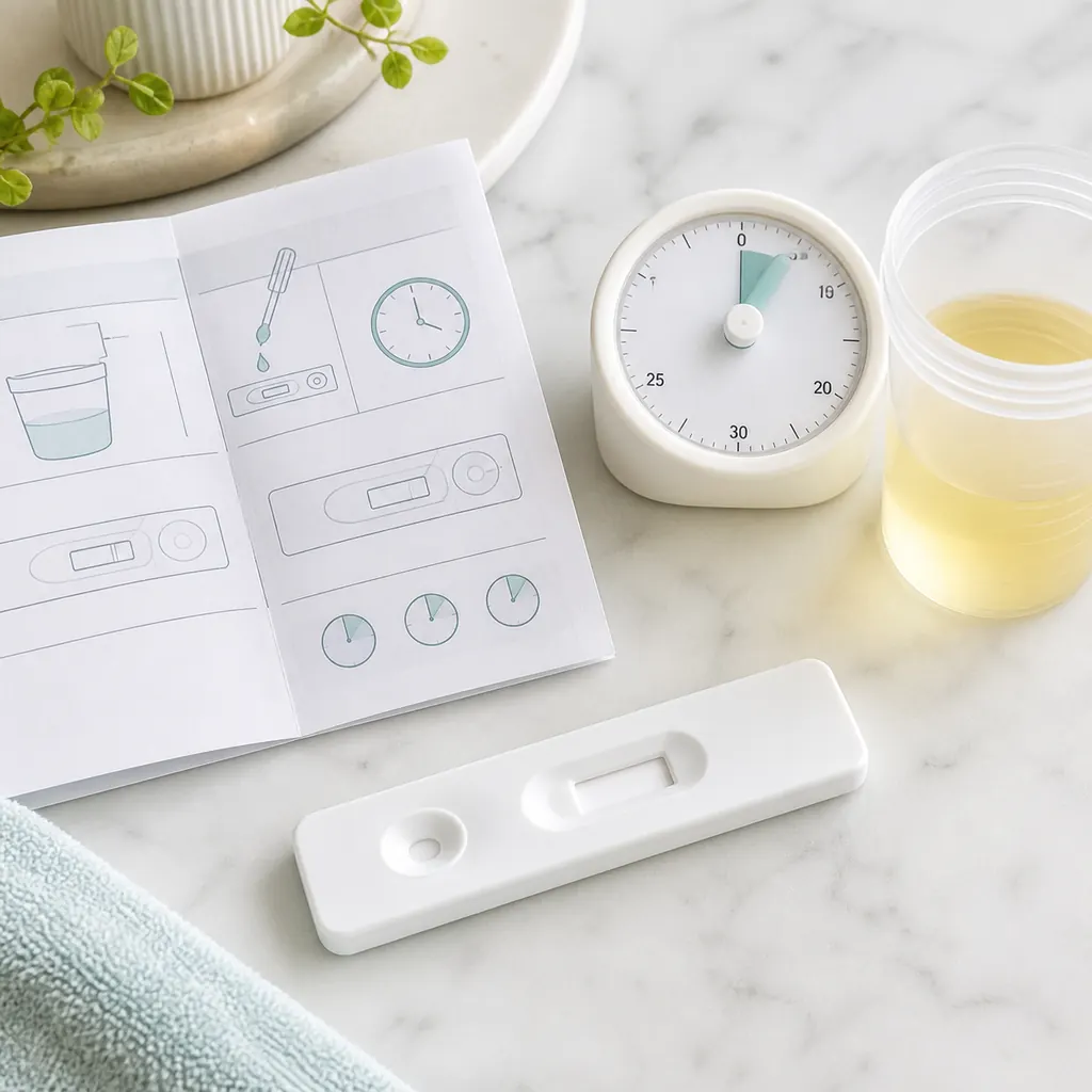 Pregnancy test reading setup with a blank cassette, timer, sample cup, and instruction diagrams