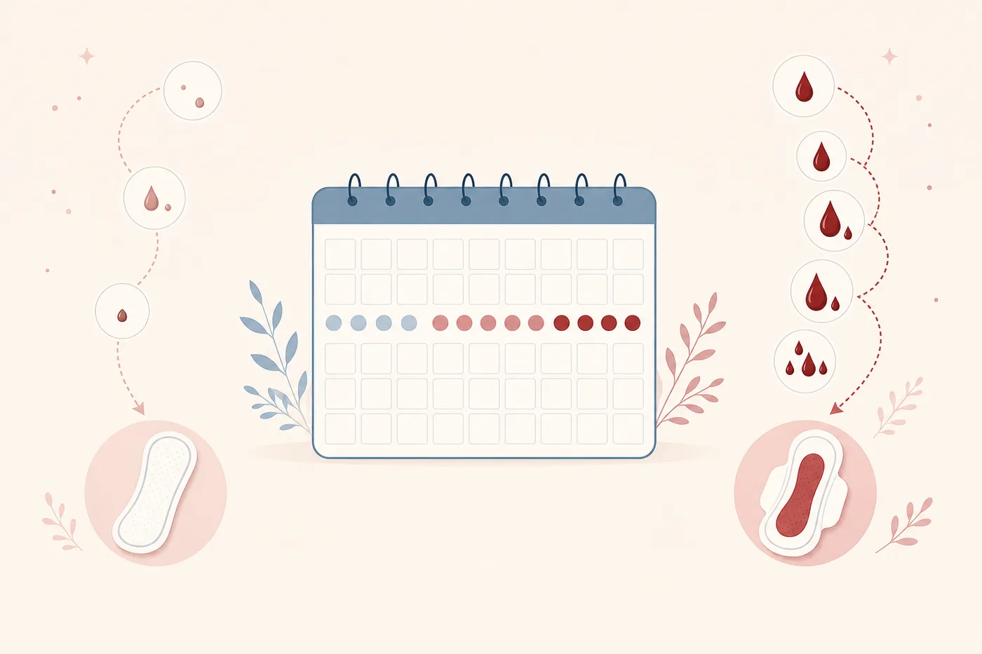 Editorial comparison of light implantation spotting and menstrual flow around a cycle calendar