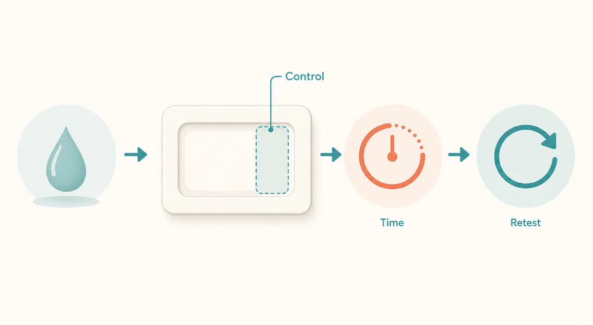 Editorial diagram showing control line, timing, and retesting steps for an invalid pregnancy test