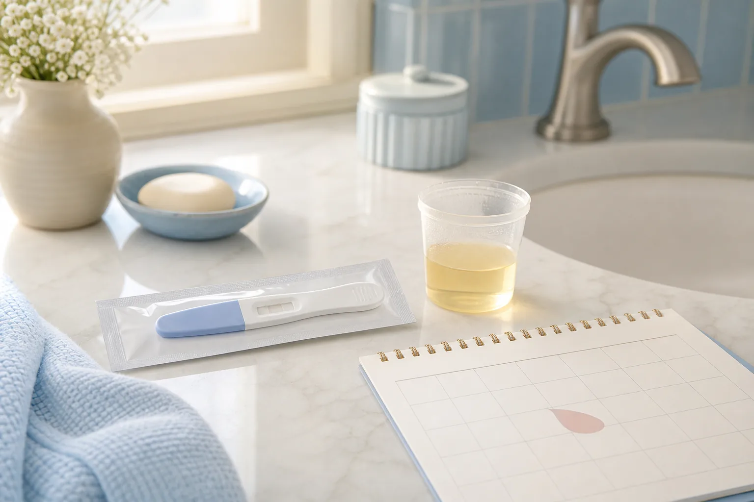 Generic home pregnancy test, urine sample cup, and calendar on a bright bathroom counter