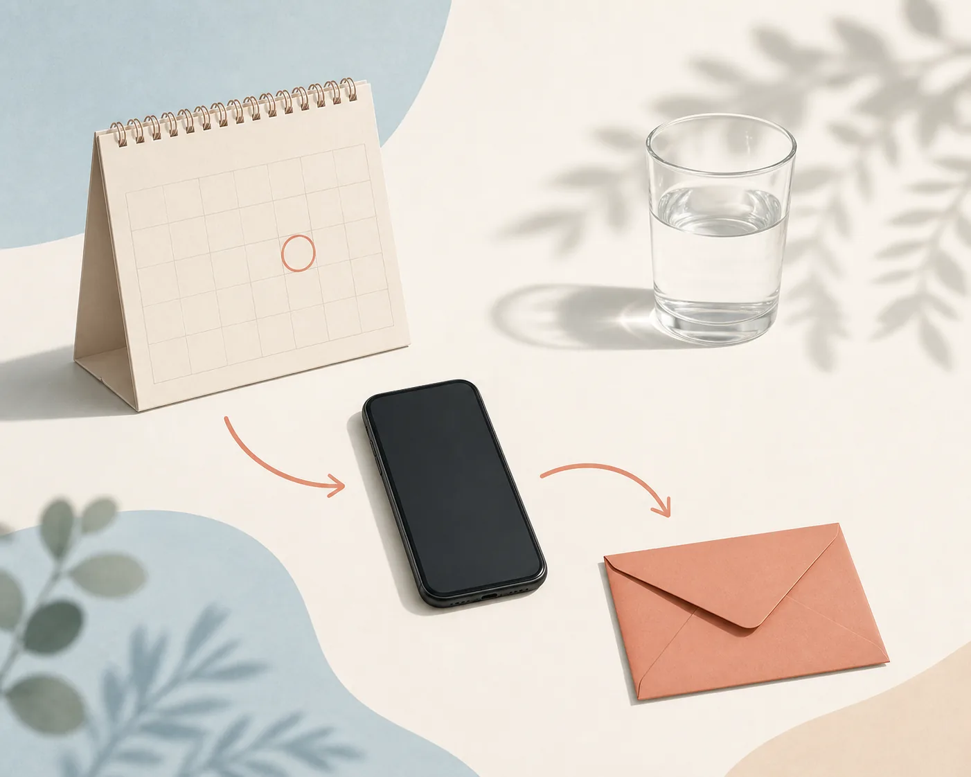 Abstract calendar, phone, and clinic envelope illustrating a safe repeat-test and follow-up plan