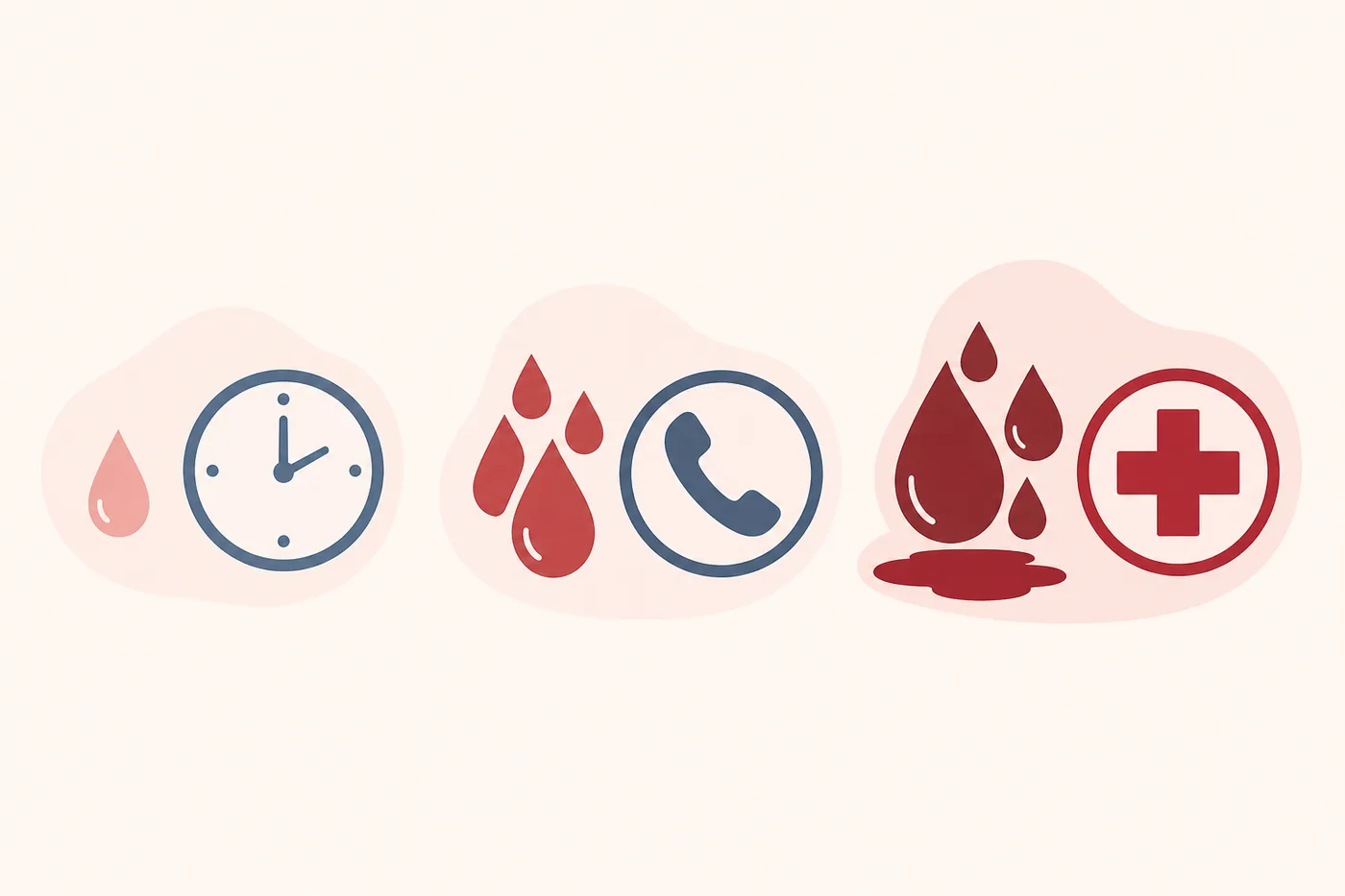 Editorial guidance symbols for monitoring light spotting, calling a clinician and seeking urgent care