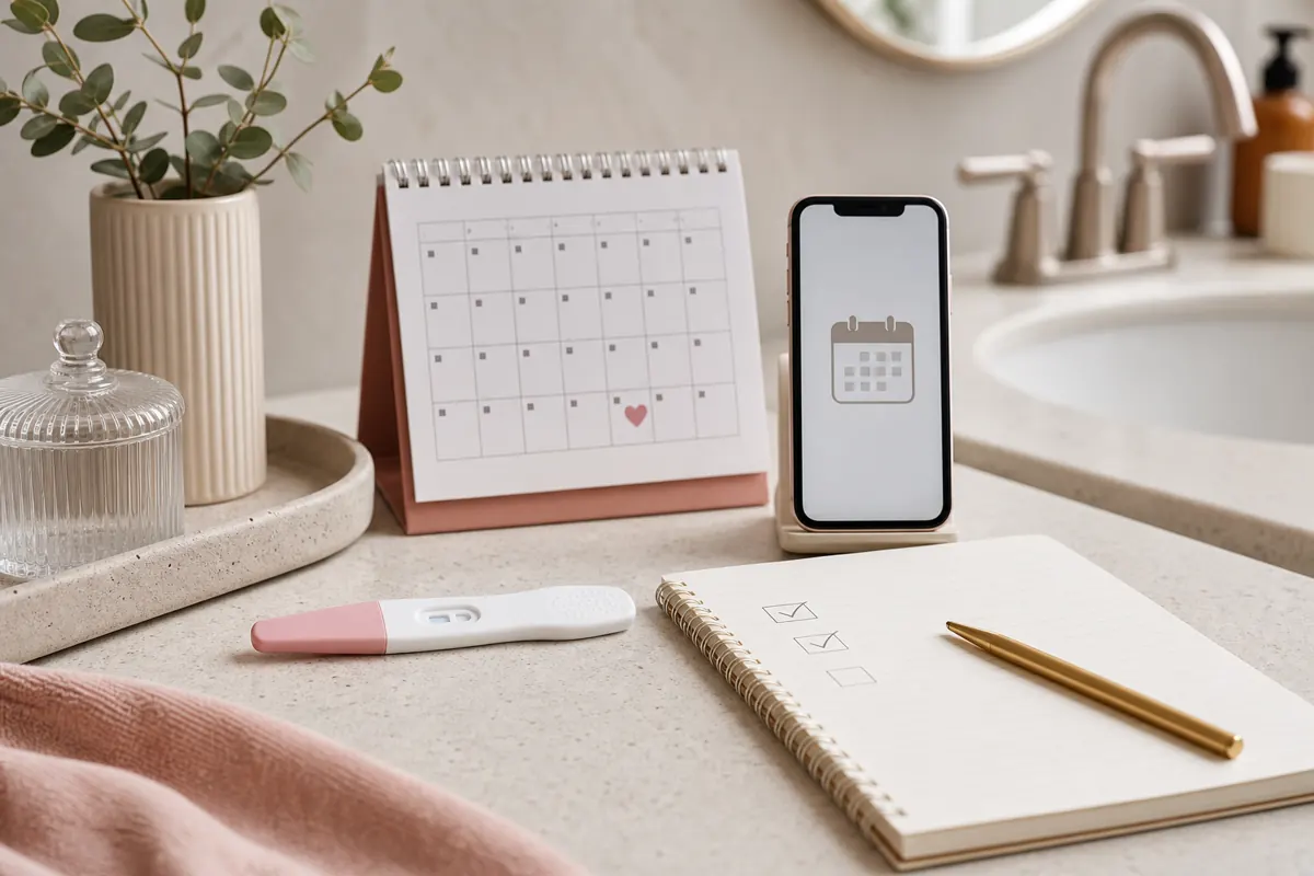 Calendar, checklist, and pregnancy test arranged as a calm next-steps concept after a positive pregnancy test