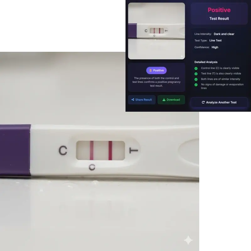 AI pregnancy test detecting faint positive line - closeup view of two lines